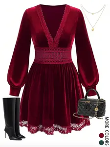 Women's Autumn/Winter Solid Color Contrast Lace Lantern Sleeve Elegant Fitted Velvet Dress For Women，Party Holiday Wedding Guest,Christmas Dress, Ladies Clothes for Winte