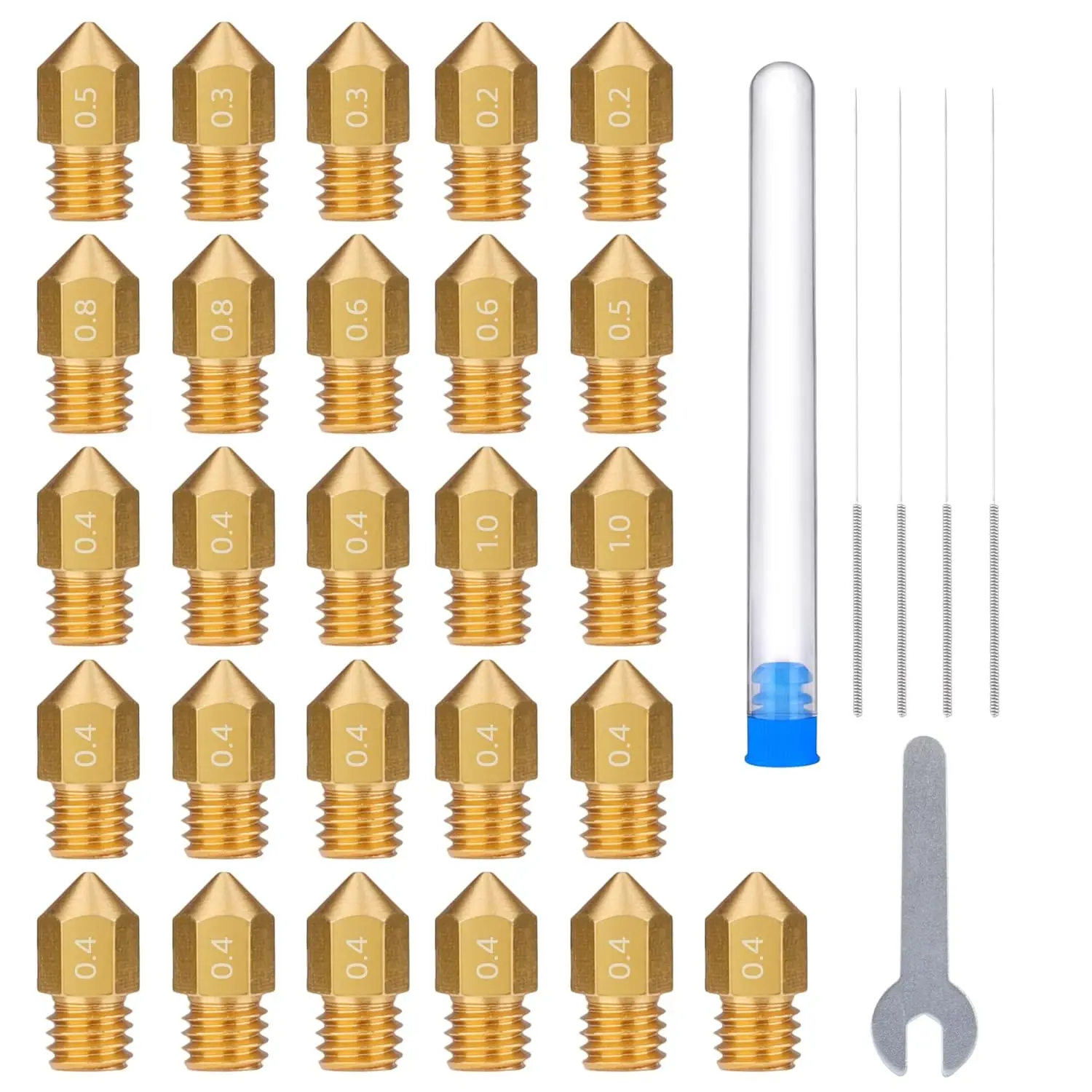 26pcs MK8 Noles Multi Sie, 3D Printer Brass Hotend Noles 0.2mm/0.3mm/0.4mm/0.5mm/0.6mm/0.8mm/1.0mm with DIY Tools Compatible with Neptune 3 Series and More