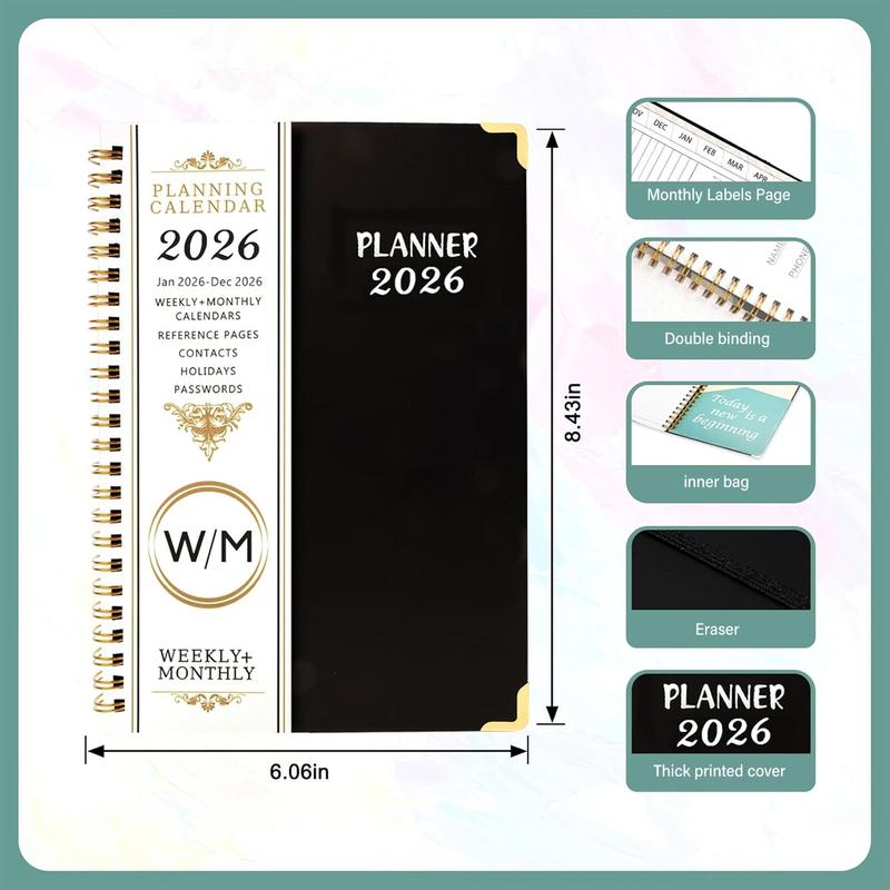 2026 Weekly and Monthly Planner, Jan-Dec, Spiral-Bound with Tabs, Inner Pocket, 6.2" x 8.5" Year Planner Calendar Planner