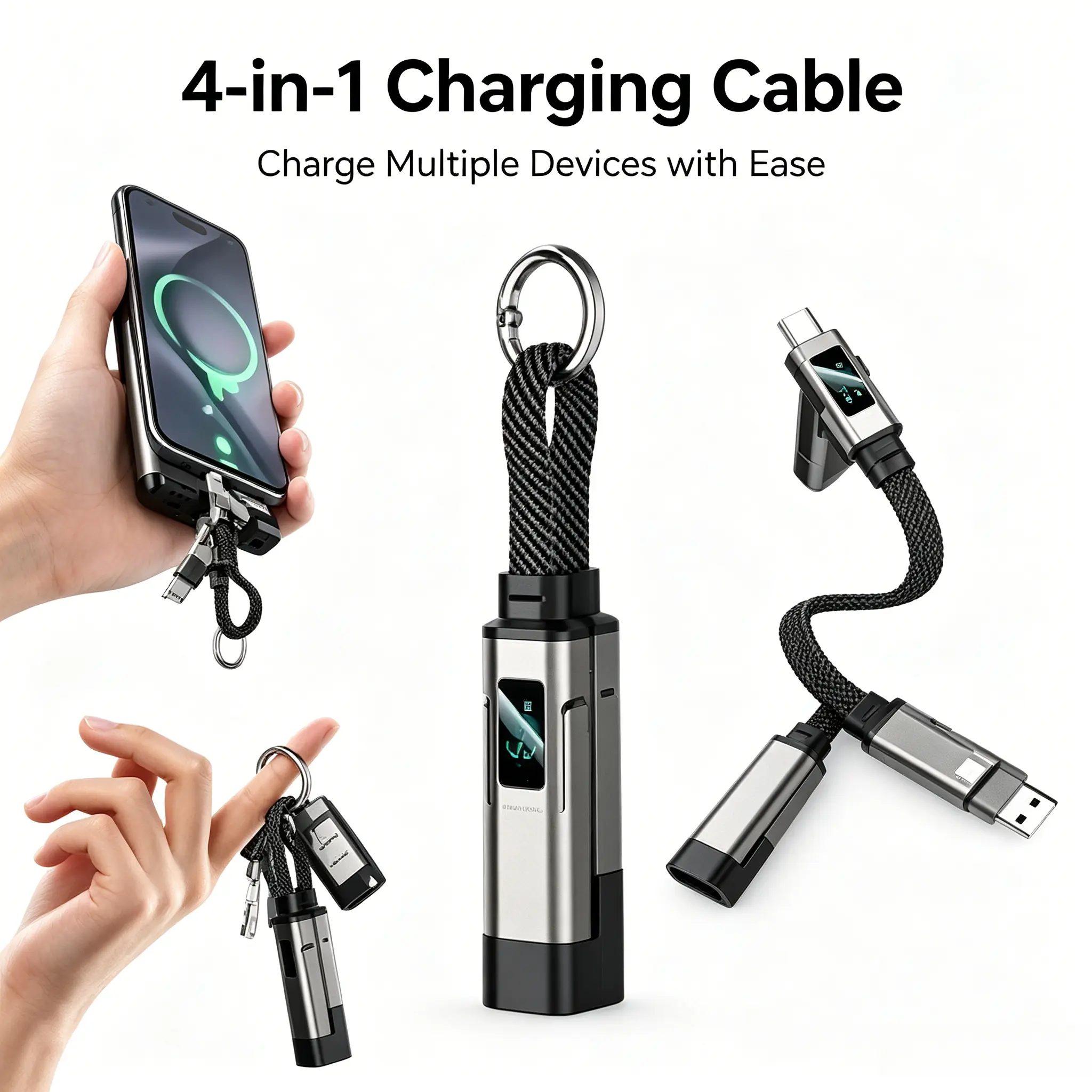 65W high-speed 4 In 1 Keychain Digital LED Display PD 5A Fast Charging Braided Cable transfer Compatible with iOS Android Smartphones data