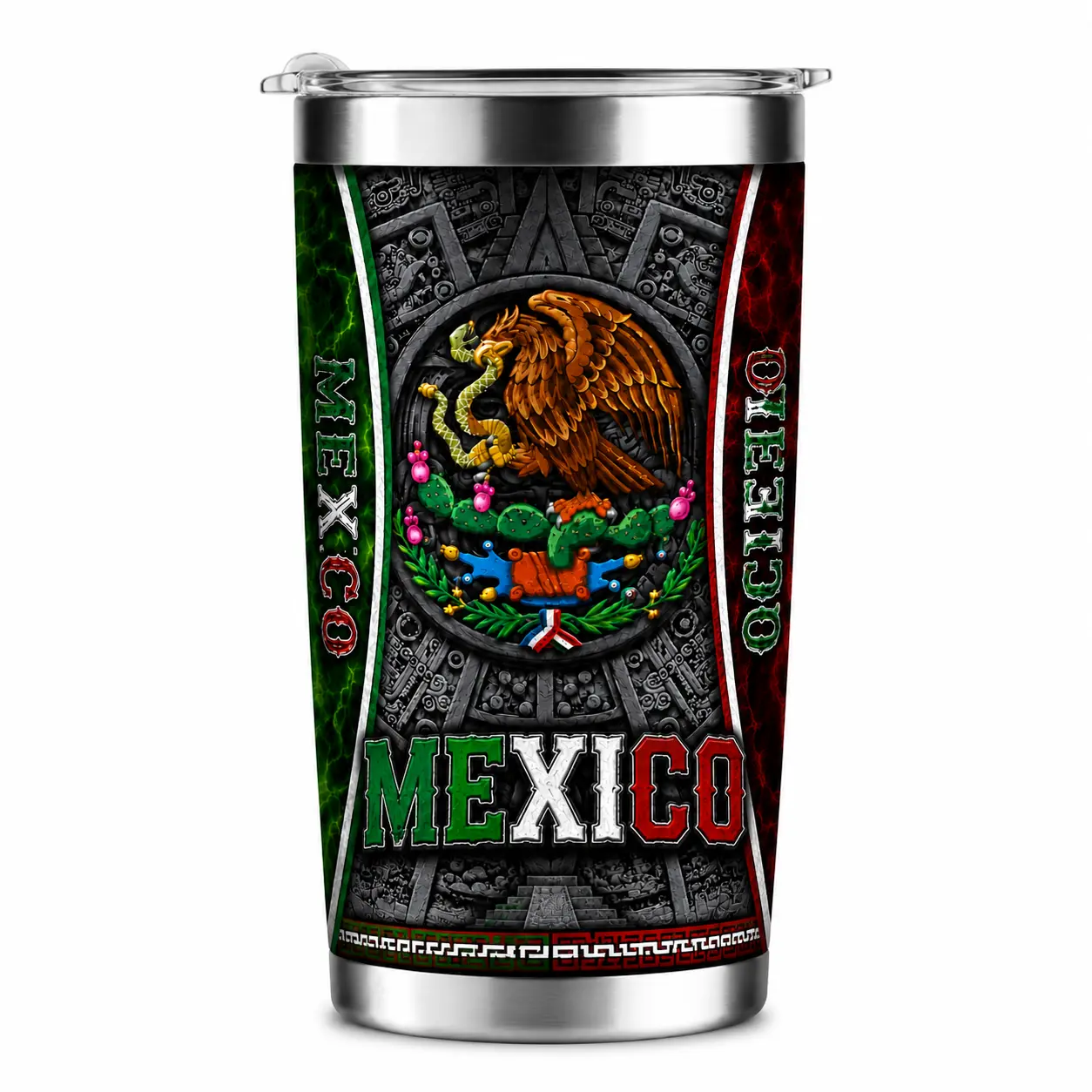 40oz Sturdy Stainless Steel Vacuum Flask - Portable Printed Water Bottle, Engraved Aztec Eagle Calendar Mexico Heritage Tumbler, Plastic Lid Insulated Travel Drink Mug, Mexican Culture Gift for Fans, Water Bottles, Bottles