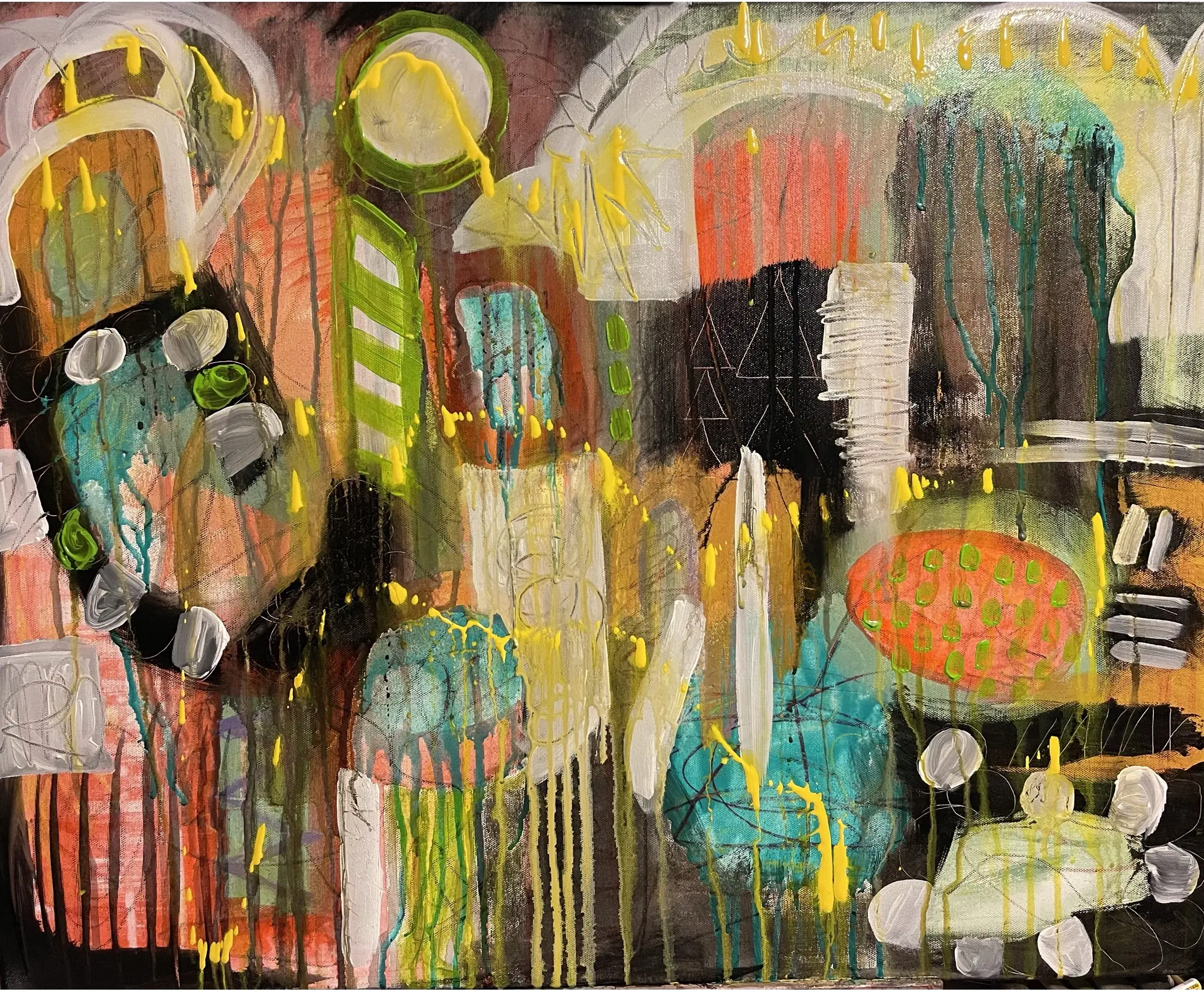 Abstract Art - Bold colors, Dripping Paint Marks, 24" x 30" horizontal painting