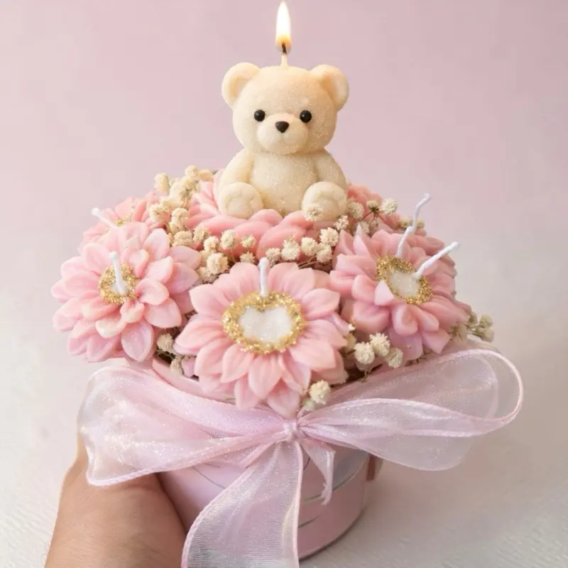 Blossom & Bear Decorative Flower Soy Candle Bouquet - 100% Organic Wax, Hand-Poured, Floral Design, Teddy Bear Accents, Eco-Friendly, Perfect for Home Decor & Relaxation, Ideal Gift, Light