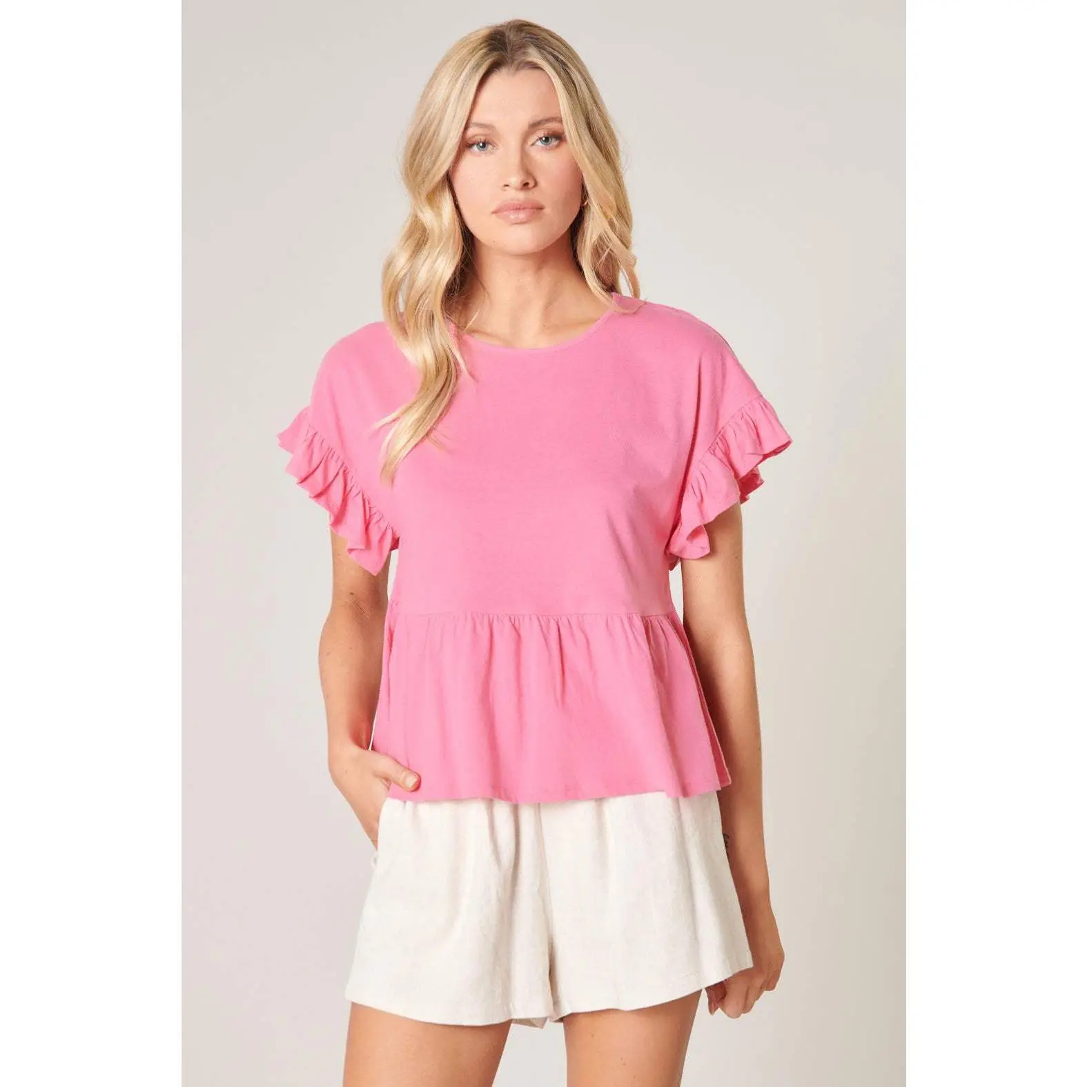 Delilah Ruffle Sleeve Peplum Cotton Knit Top