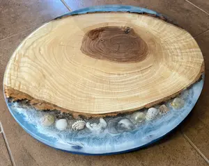 Wood and Epoxy Lazy Susan with Seashells, Sand and Ocean Scene | Rotating Charcuterie Board | Table Centerpiece for Home | Serving Tray