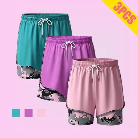 Women's 3-Pack Camo Activewear Gym Shorts - Quick-Drying Polyester Women's Bottoms, Ideal for Gym, Running