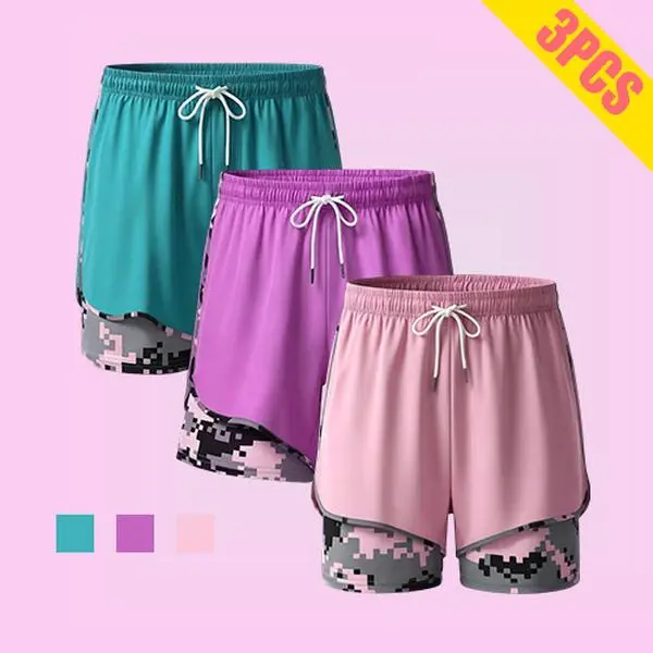 Women's 3-Pack Anti-Exposure Layered Elastic Gym Shorts - Quick-Dry Polyester Camo Athleisure Bottoms, Women's Gym Wear for Running, Fitness,summerwins