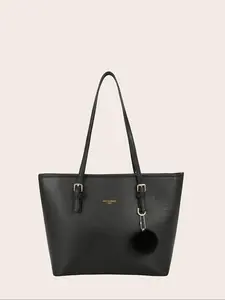 Women's Fashionable Solid Color Tote Bag with Pom Pom, Casual Versatile PU Leather Zipper Shoulder Bag, Trendy Commuter Bag for Daily Used, Pu Tote Satchel