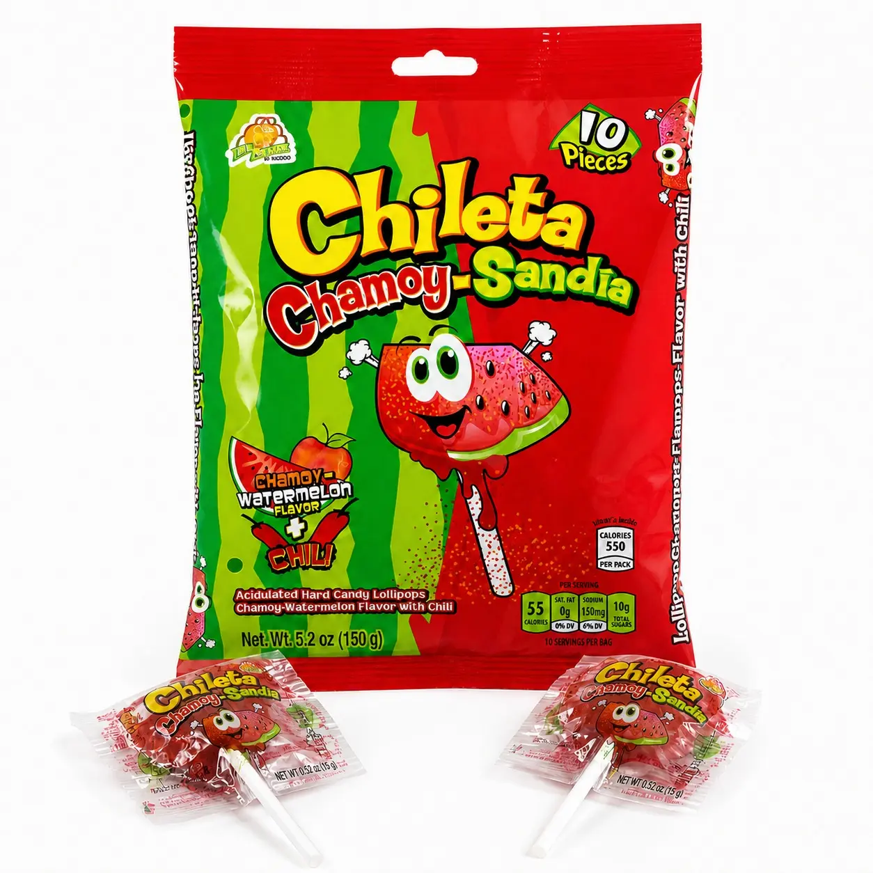 El Azteca Chileta Chamoy Sandia Corn-Infused Watermelon Chili Lollipops (10ct) - Mexican Candy, Mexican Snacks, Spicy Snacks, Tangy Sweet Treat, Individually Wrapped, Party Favors for Candy Lovers