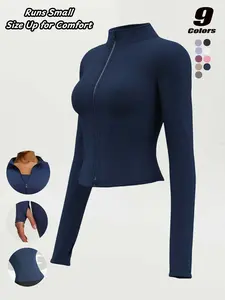 Women High Elastic Stand Collar Thumb Hole Fitness Wear, Breathable Yoga Top, Long Sleeve Tight Fit Jacket, Sportswear, S-Xxxl Sizes，“Size Up for a Better Fit”