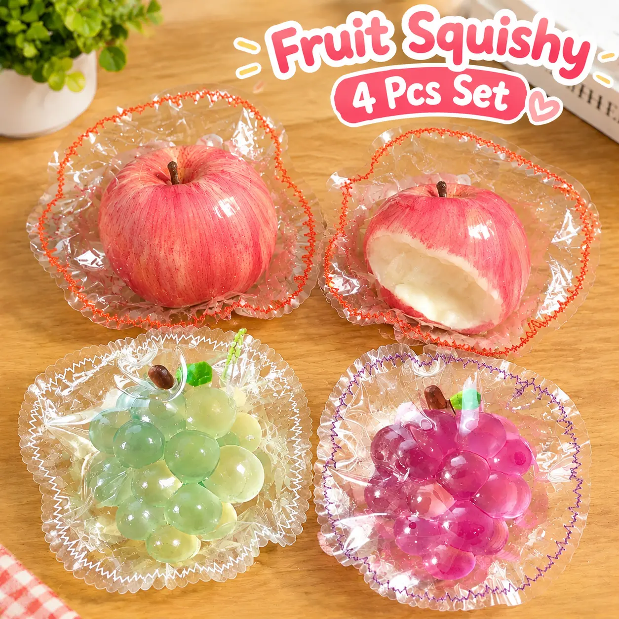 4 Pcs Moldable Fruit Taba Squishy 4Pcs Set, Safety-Certified Kawaii Realistic Fruit Squishies, Apple & Grape Food Theme Stress Relief Fidget Toys, Tactile Calming Sensory Tools, Kids Party Favors, Unique Squeeze Gifts