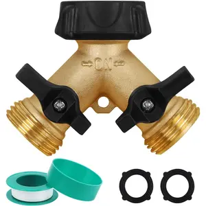 Garden Hose Splitter 2 Way, Heavy Duty Brass Connector Tap Splitter, Y Splitter with 2 Valves and 2 Extra Rubber Washers