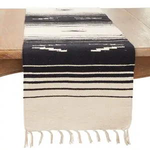 212 MAIN Cotton Blend Oblong Table Runner, 16x72 in, Handwoven, Southwest Vibe, Rustic Look, Black & Natural, with Fringe Detail