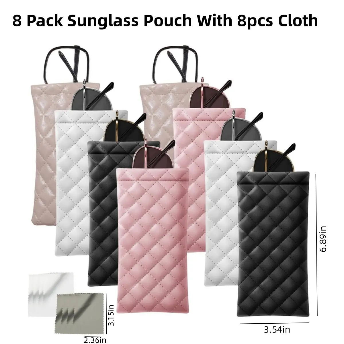 8 Pack Squeeze Top Sunglass Pouch - Portable Sunglasses Organizer with 8 Cleaning Cloths, Soft PU Leather Eye Glasses Holders, Car Interior Stowing Tidying Glasses Storage Clip for Makeup