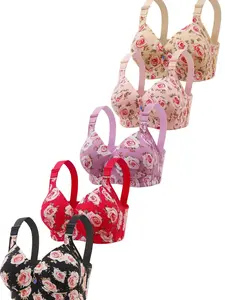 Women's Floral Print Pendant Decor Push Up Wireless Bra, High Stretch Soft Comfortable Breathable Adjustable Strap Anti-Sagging Triple-Breasted Bra, Lingerie for All Seasons, Soft Fabric Bra, Soft Comfy Bra