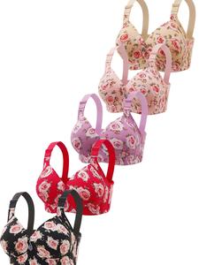 women's floral print pendant decor push up wireless bra, high stretch soft comfortable breathable adjustable strap anti-sagging triple-breasted bra, lingerie for all seasons