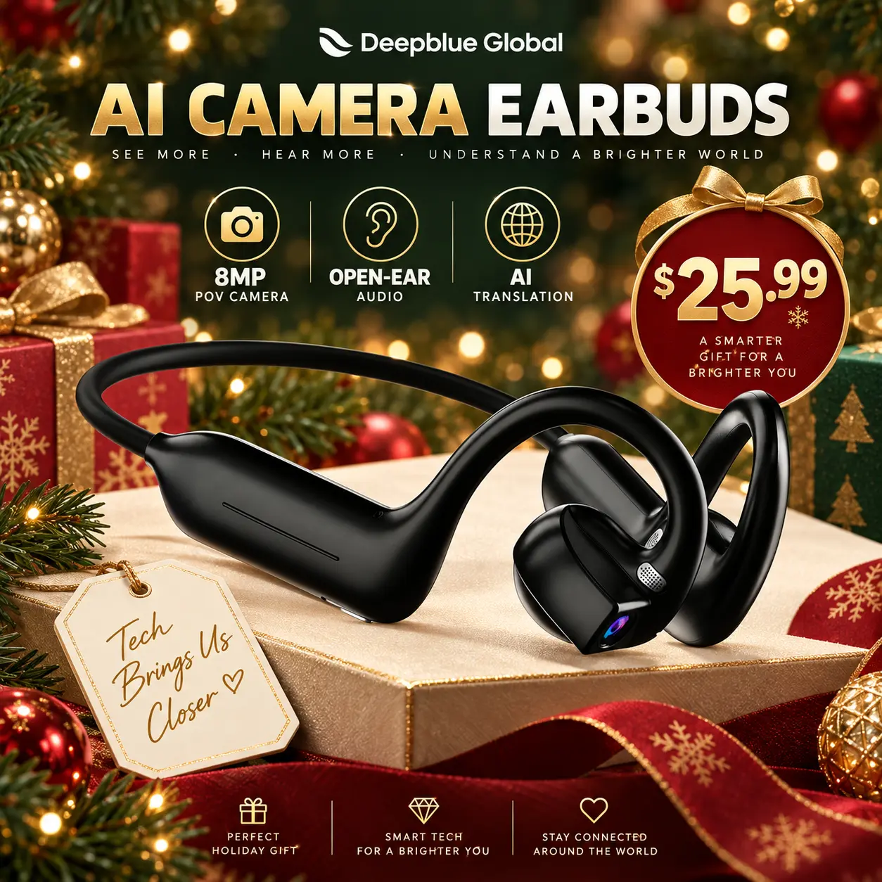 Open Ear Bluetooth Audio Headphones with 8MP Camera, 220mAh Air Conduction Sports Earbuds, AI Smart POV Recording, Microphone for Calls, 160+ Language Translation, iOS/Android Compatibility & Charging Station Support