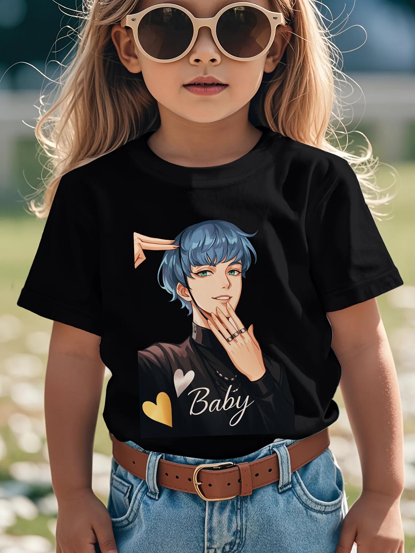 Stylish Anime-Inspired Black T-Shirt for Girls - Featuring Unique Character Design with Blue Hair, Hands-On Head Gesture, and Cursive 'Baby' Text Accented by Hearts - Trendy Summer Casual Wear for Outdoor Activities, Parties, or Everyday Fashion