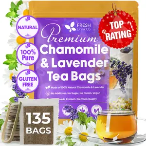 【FreshDrinkUS】 135 Chamomile Lavender Tea Bags, 100% Natural Ingredients, Hand-made Blend of Chamomile and Lavender Flowers, Eco-conscious Tea Bags. Chamomile Lavender Herbal Tea. No Sugar, No Caffeine, No Gluten, Vegan. Beverage