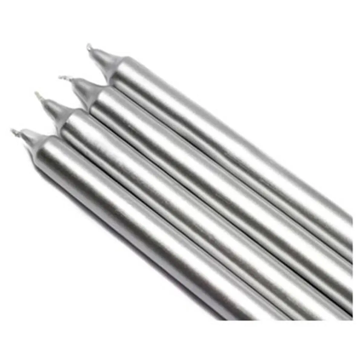 212 MAIN Metallic Silver Wax Taper Candles, 10 in. Straight Bar Style, 12 Pack, Dripless Smokeless for Party Decor, 6 Hours Burn Time, Unscented, One Dozen