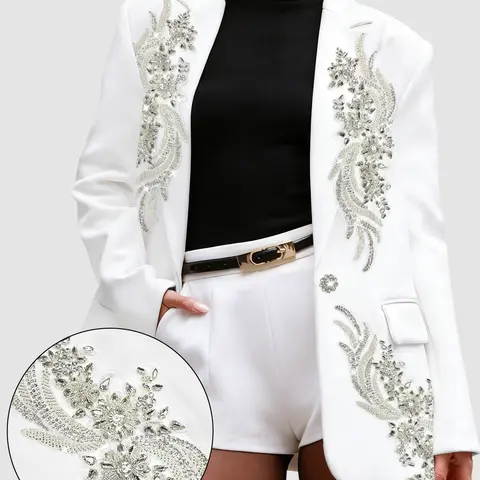 ASANDY Women's Formal White Oversized Blazer - All-Season Formal Jacket, Gala-Ready with Beaded Rhinestones & Floral Crystal Embroidery, Fashion Style for Evening Weddings, S/M/L Sizes, Hand Wash Only
