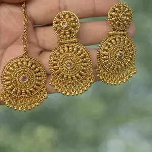 Micro Gold Earrings Tikka - Elegant Gold Color Earrings with Intricate Design and Sparkling Stones