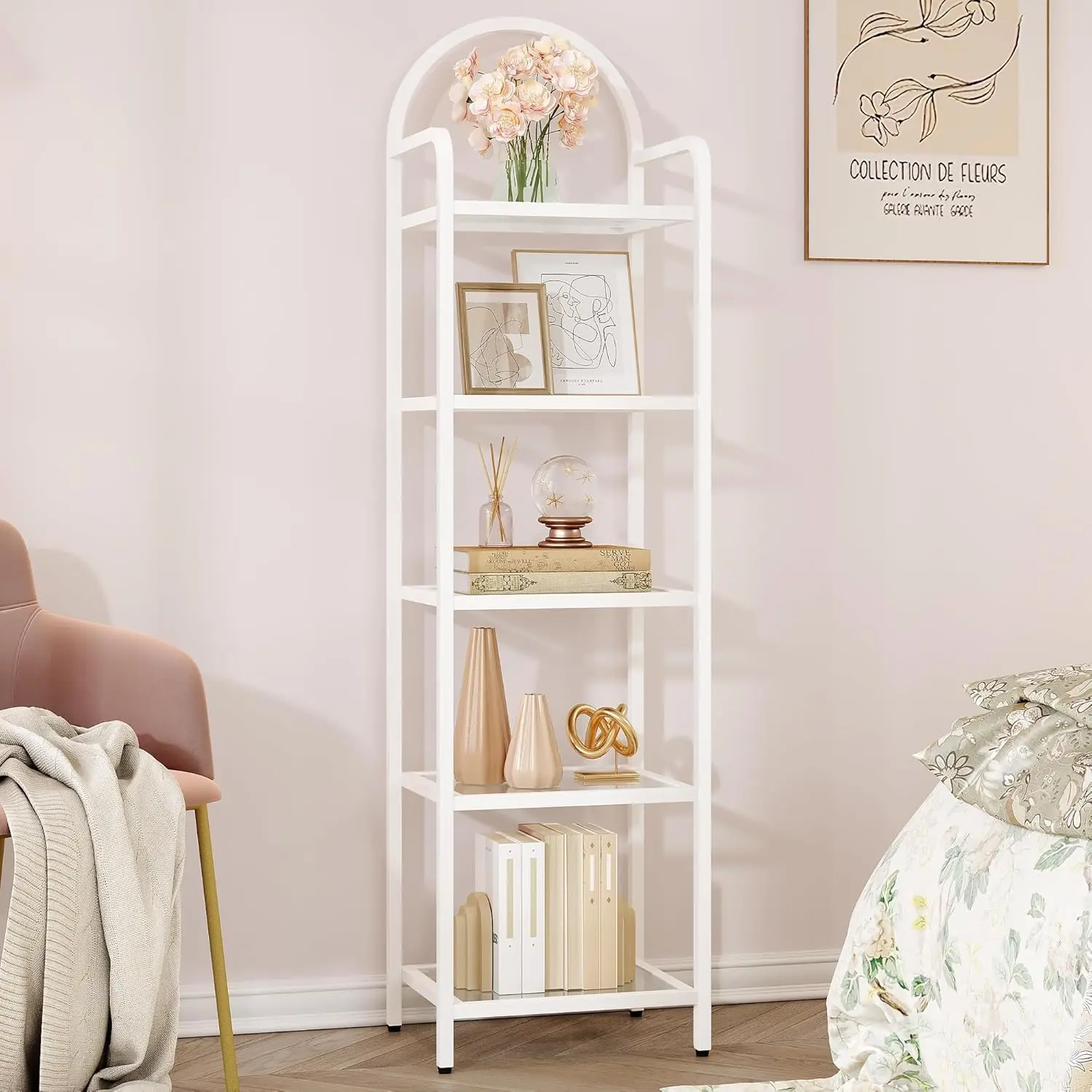White Freestanding 5-Tier Transparent Tempered Glass Bookcase - Steel Frame, Slim Profile Adjustable Shelving Unit, 11.8"d x 15.7"w x 59.1"h, Anti-Tipping Kit, Synthetic Oval Top, Storage Solution, Quick Setup, for Bedroom, Office BC05099W