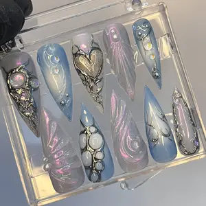 Free Style Blue Mermaid Almond Press On Nails, Handpainted Fake/False Nails, Prom/Event/Birthday Nails, Goth/Gothic/Y2K/Aura Nail