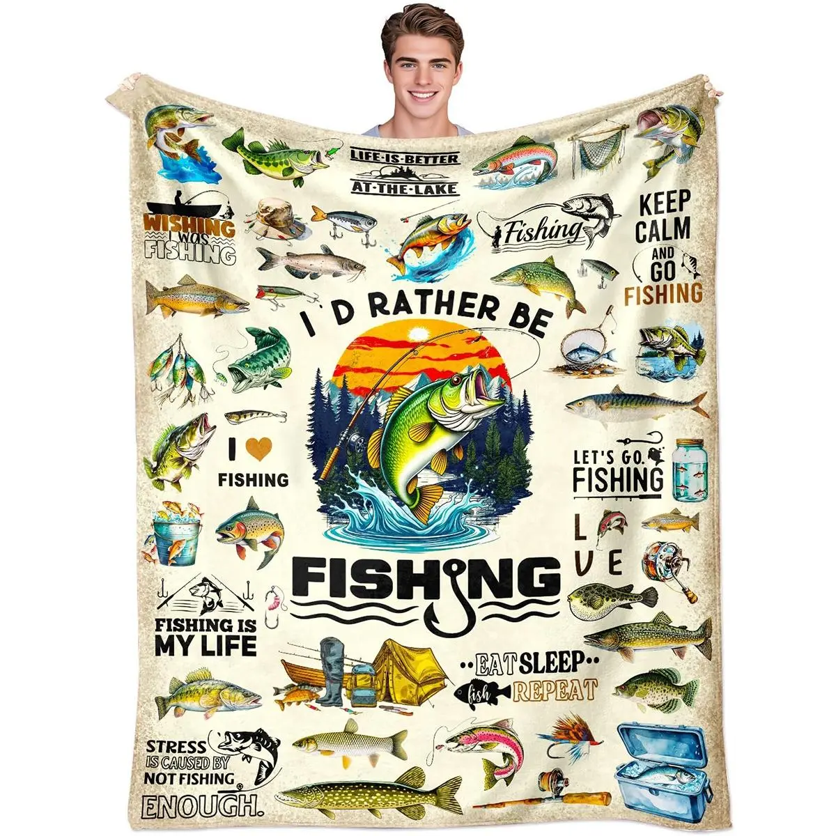 Men’s fishing blanket gift, soft and comfortable fishing blanket, fun fish pattern gift, suitable for boys and fishermen, flannel blanket, soft warming blanket