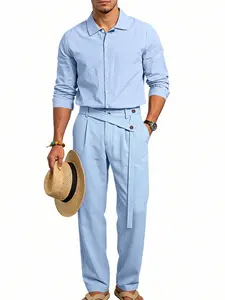 Men's Linen Casual Plain Suit Set, Spring & Fall Loose Fit Blouse, Long Sleeve Shirt and Pants, Wholesale Cross-Border Fashion