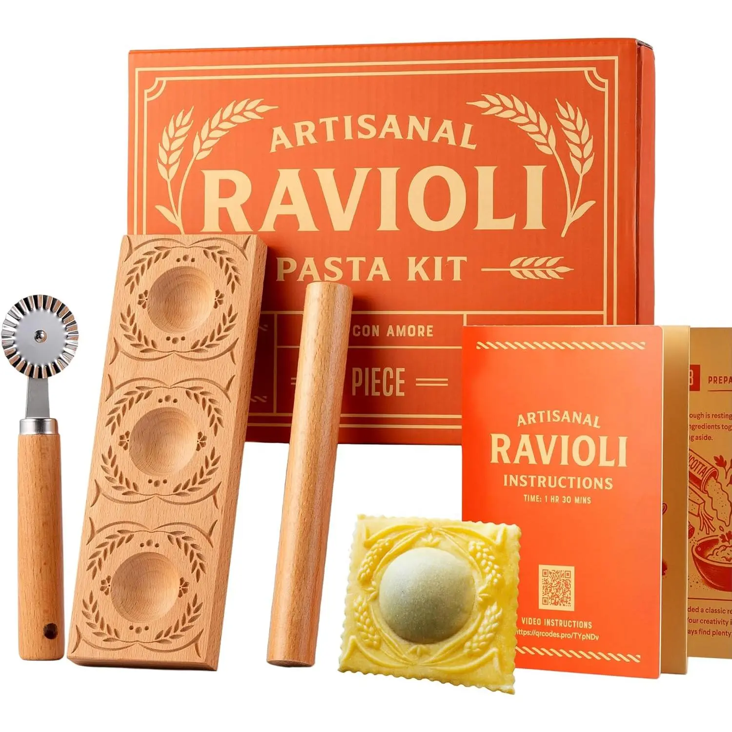 Co. Artisanal Ravioli Maker Press, Wooden Ravioli Mold & Pasta Maker, Ravioli Press, Pasta  Wheel, Ravioli Maker Tool, Guide Pasta Making Tools  for Homemade Pasta (3 Piece)