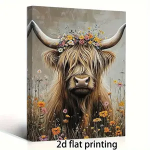 Room Decoration 1 Piece Farmhouse Highland Cow Canvas Painting, 11.8x 15.7inch , Crown Flower, Wooden Frame, Farmhouse Decoration, Suitable for Living Room, Bedroom, Anniversary Celebration
