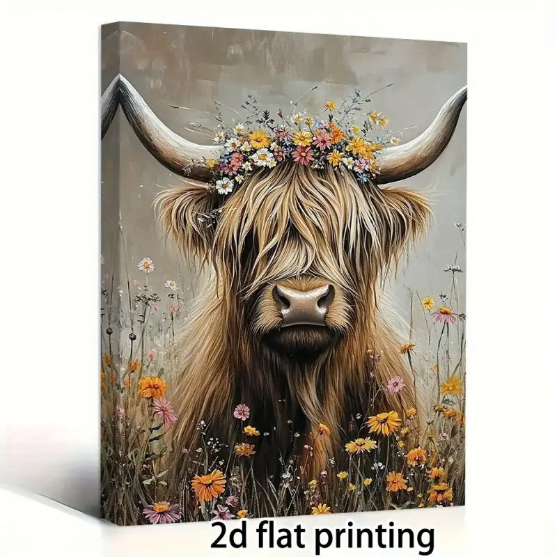 Room Decoration 1 Piece Farmhouse Highland Cow Canvas Painting, 11.8x 15.7inch , Crown Flower, Wooden Frame, Farmhouse Decoration, Suitable for Living Room, Bedroom, Anniversary Celebration