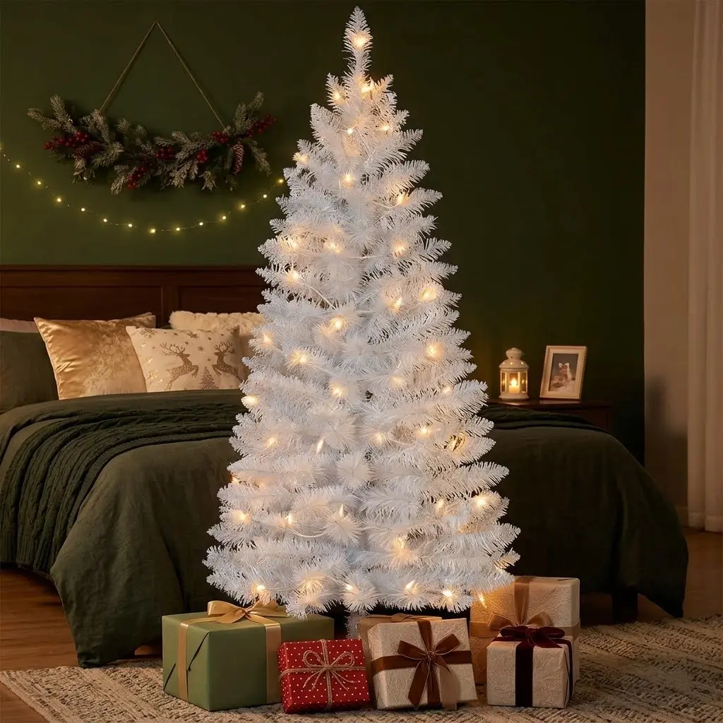 Prelit 4ft White PVC Artificial Christmas Pine Tree, 50 Warm White LED Lights, 122 Branches for Bedroom, Living Room Home Decor