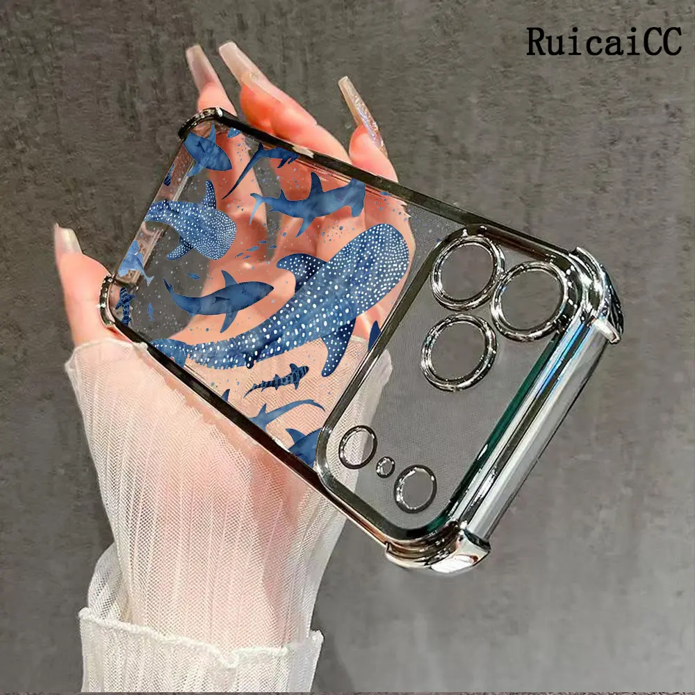 Phone Case for iPhone 17 Pro Max 16 15 14 Plus 13 12 11 Air Cute Blue Whale Shark Pattern Full Body Protection Shockproof Electroplating TPU Cover Cellphone Protective Casing Aesthetic Smartphone Protector Screen Protector