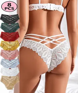 Women's 8-Pcs Cute Lace Briefs Set, Playful Sexy Bowknot Floral Pattern, Perforated Design for Comfort & Breathability, Unique Belt Lingerie