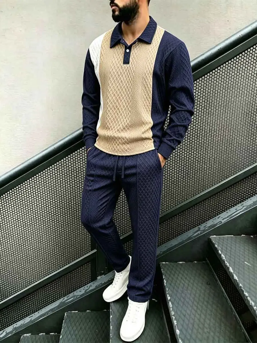 Men's 2-Piece Classic Quiet Luxury Tracksuit Set - Long Sleeve 3-Tone Panels Diamond Weave Polo, Soft Breathable Anti-Pilling Polyester Blend Jogger Pants, Snap Closure, Loose-Fit, Old Money Business Casual for Everyday Travel, Cold Wash Compatible, Offic