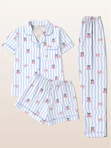 Women's Sleepwear Three-Piece Set, Short Sleeve Cardigan Top + Shorts + Long Pants, Blue Striped Cherry Bow Print, Casual Fitted Style