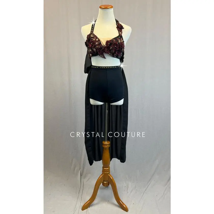 Custom Black Two Piece with Draped Cape and Appliques - Rhinestones