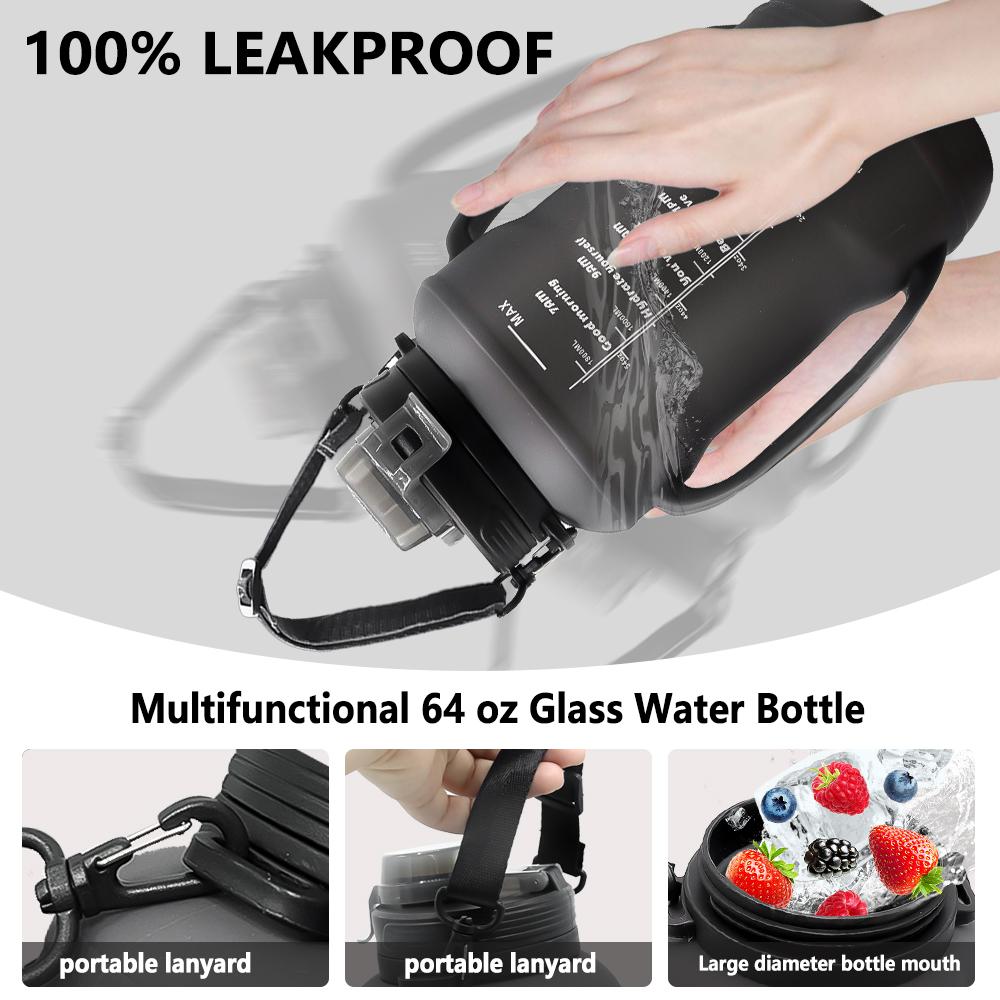 64oz Collapsible Water Bottle with Time Marker, BPA Free Silicone Foldable Water Jug with Handle & Straw, Leakproof Large Capacity Portable Water Bottle for Gym, Hiking, Travel, Sports