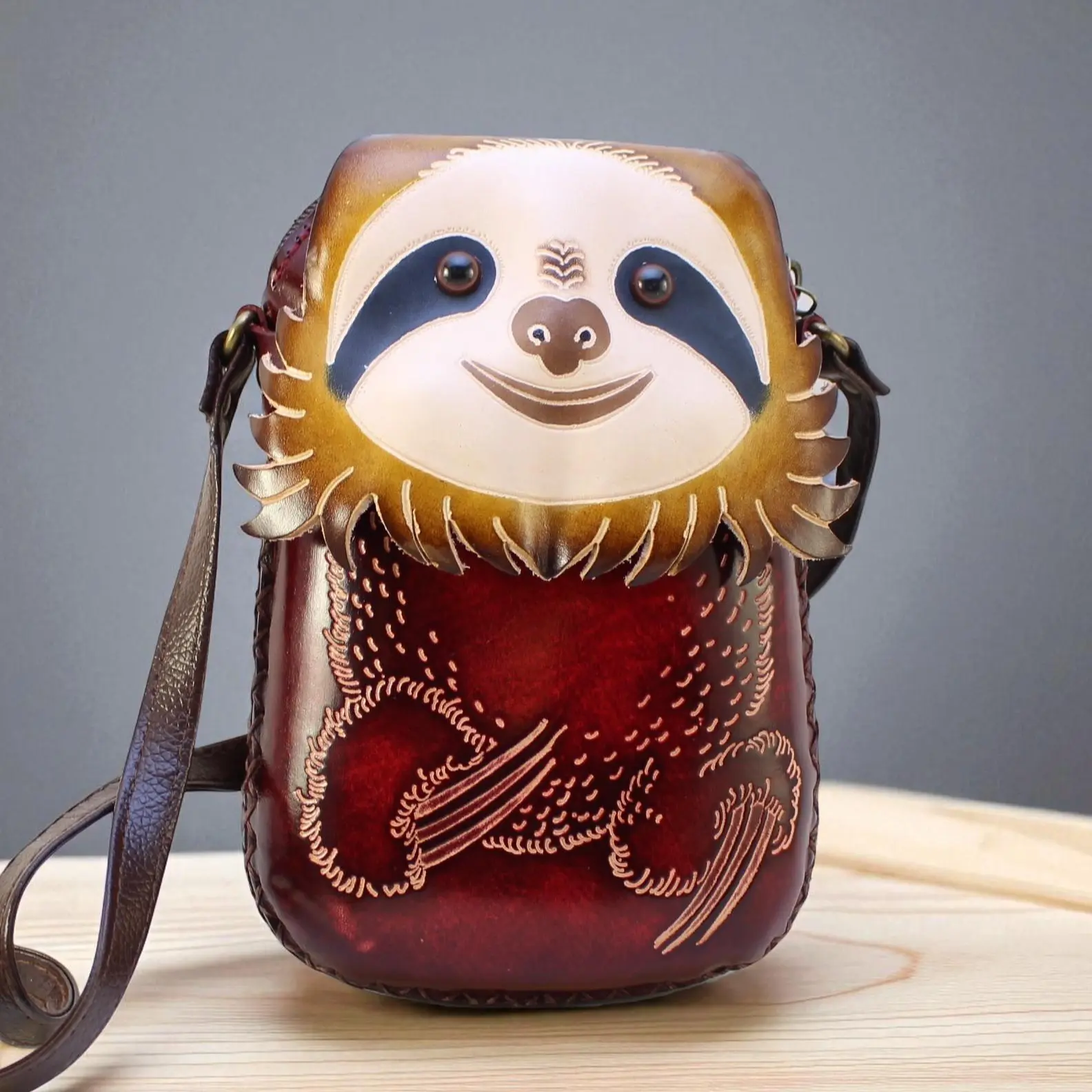 Handmade Genuine Leather Sloth Purse - Crossbody Bag, Phone Bag, Animal Bag, Cartoon Bag, Mini Bag