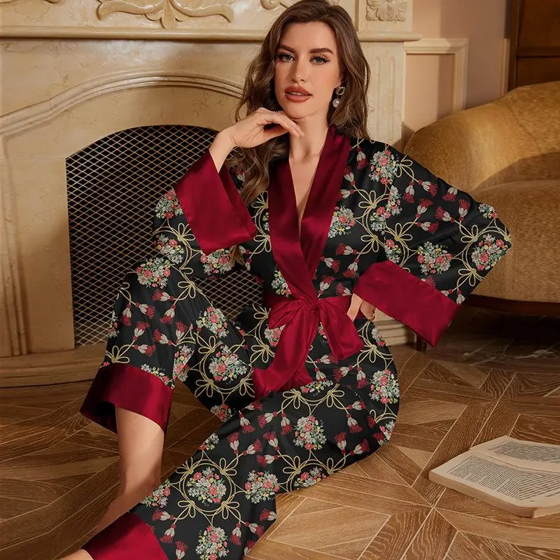 【Exclusive Design】Women's Three Pieces Satin Pajama Robe Set, Delicate Style Red Green and Black Floral Pattern, Loose Long Sleeve and Stretchy Long Pants, Sleepwear & Homewear