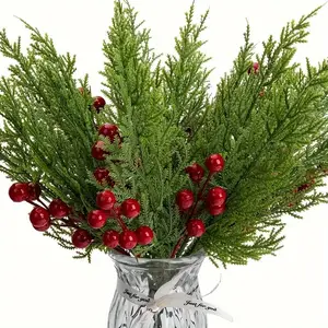 60-Pack Artificial Pine Branches with Holly Berries, Artificial Faux Greenery, Perfect for Holiday Decorations, Ideal for Wreaths, Tables, Patios, and Gifts