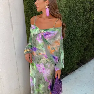 Lady's Elegant Casual Wear Polyester Fabric Flower-Print Sling Dress with Coordinating Sweater for Beach Use