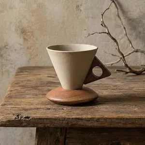 Wabisabi Elegant Conical Coffee Cup 8.45oz Ceramic & Wooden Material Modern Triangular Design with Handle for Home Office Cafe Beverage Drinkware Mug Aesthetic Summervibes
