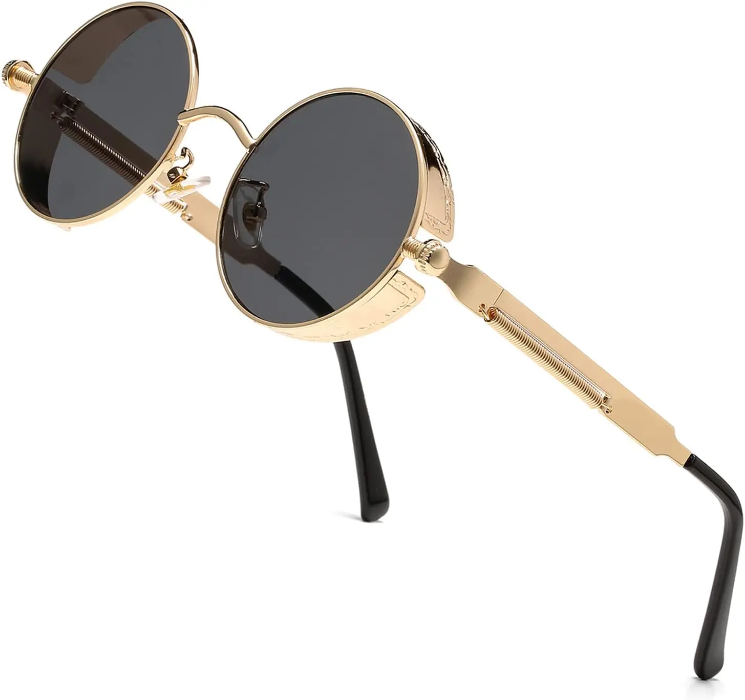 Steampunk Round Sunglasses for Men and Women, Gothic Engraved Alloy Frame with UV400 Protection, Black Lens Gold Frame for Driving