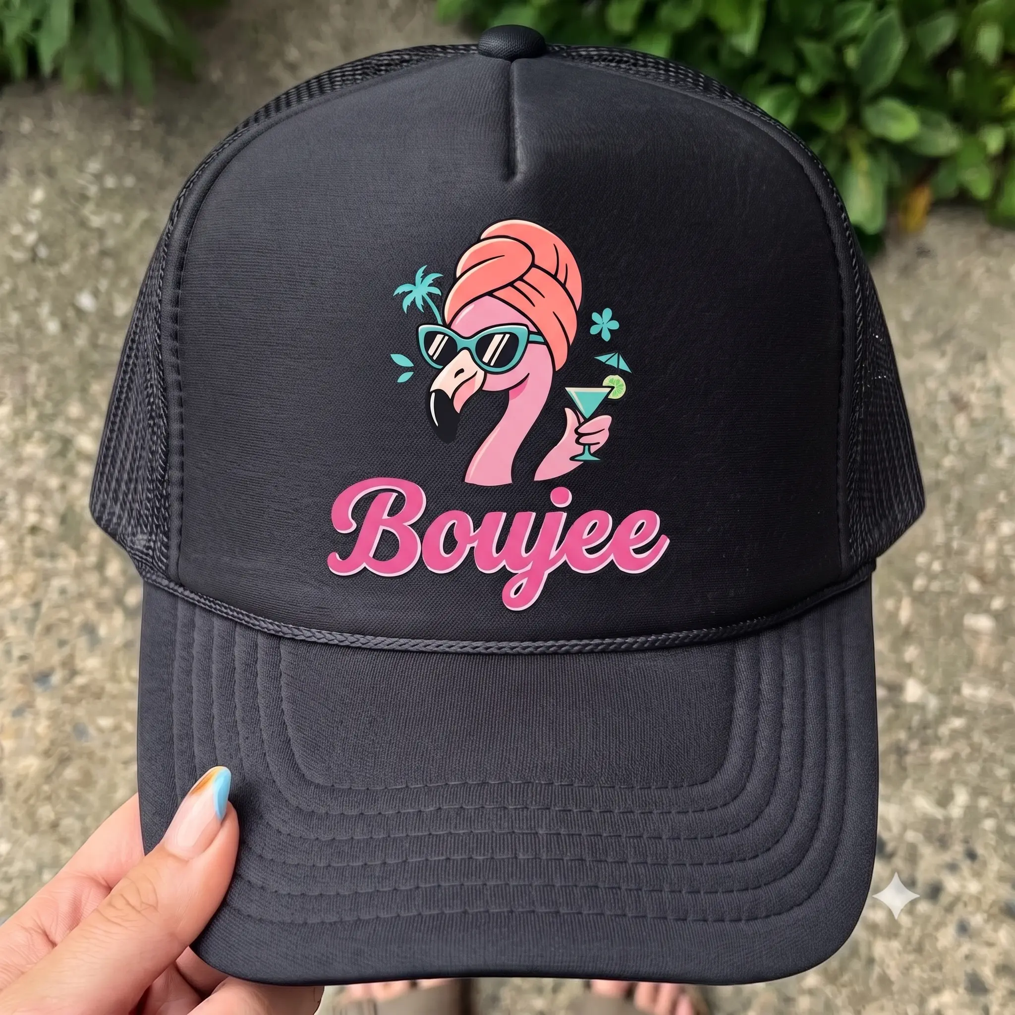 Vacation Mode Trucker Hat - Cute Flamingo Drinking Cocktail Design Mesh Cap