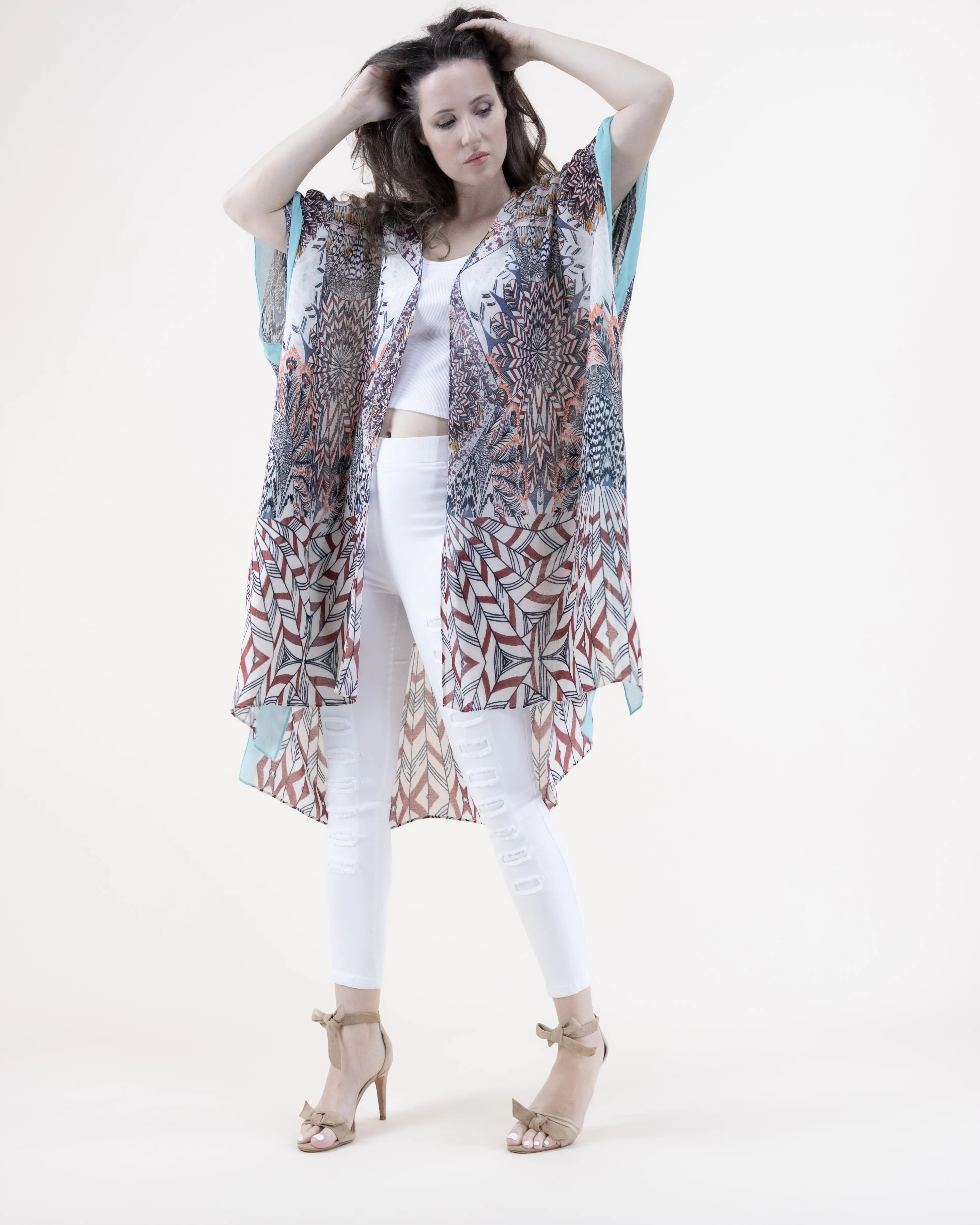 Boho Multi Border Print Kimono – Bohemian Lightweight Layering Piece Womenswear Floral Clothes