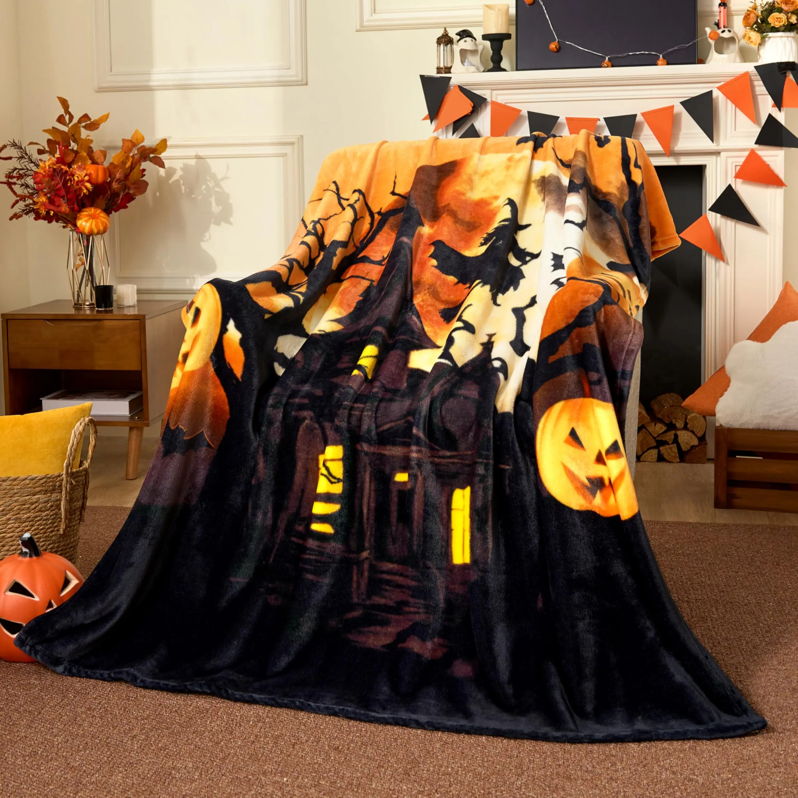 Halloween Haunted House Blanket Spooky Flying Witch Full Moon Pumpkin Graphic Flannel Plush Throw Blanket Dark Fall Room Decor Gift for Kids Adults