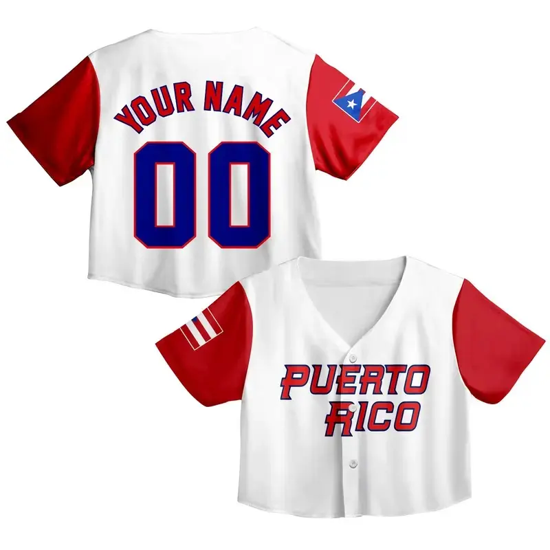 Personalized White Red Name Puerto Rico World Game Classic All-over Print Crop Top Baseball Jersey, Custom Cropped Baseball Jersey Gift for Her, Personalized Name & Number Team